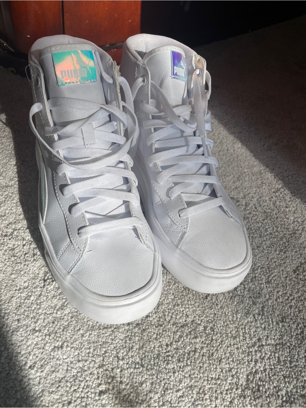 Puma Women’s White High-Top Sneakers with Iridescent Logo Accents